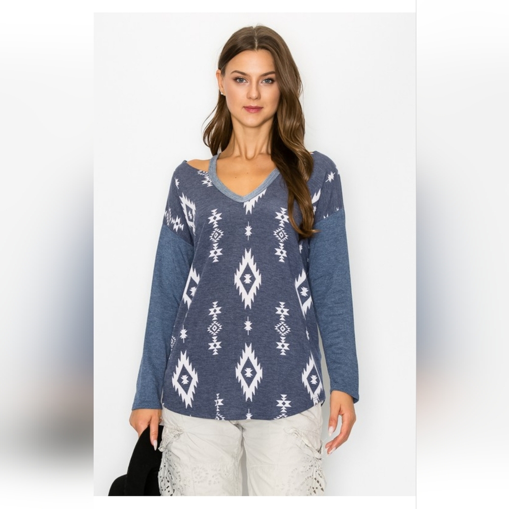NWT Denim Blue Southwest Long Sleeve Cold Shoulder Top